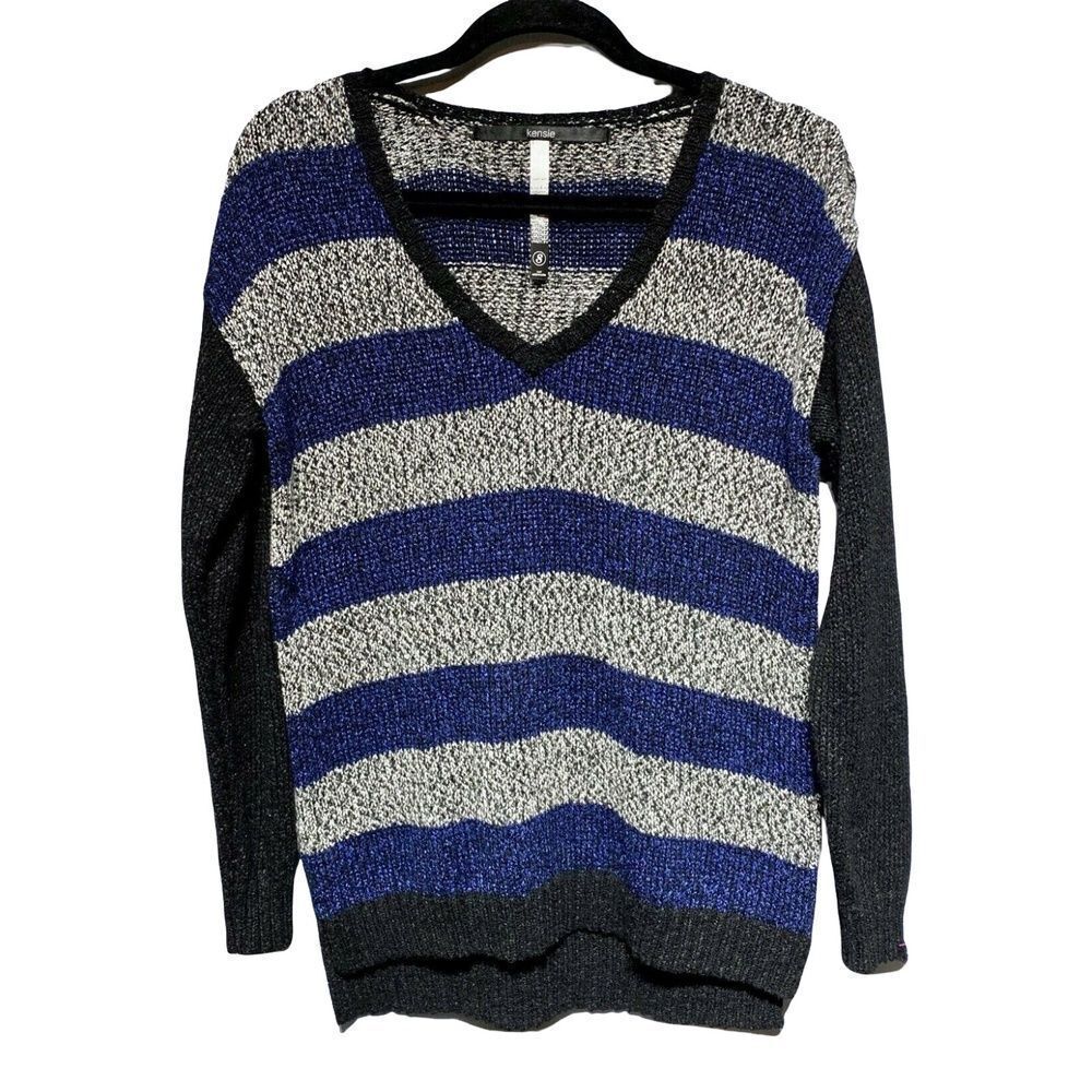 Kensie Womens V-Neck Sweater Blue Gray Black Striped Long Sleeve Pullover S
